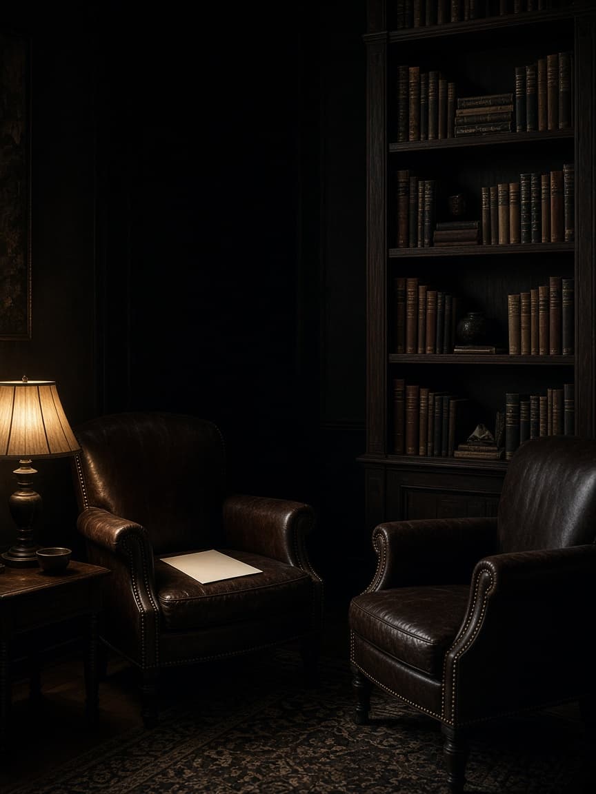 Two armchairs beside a dark bookshelf.